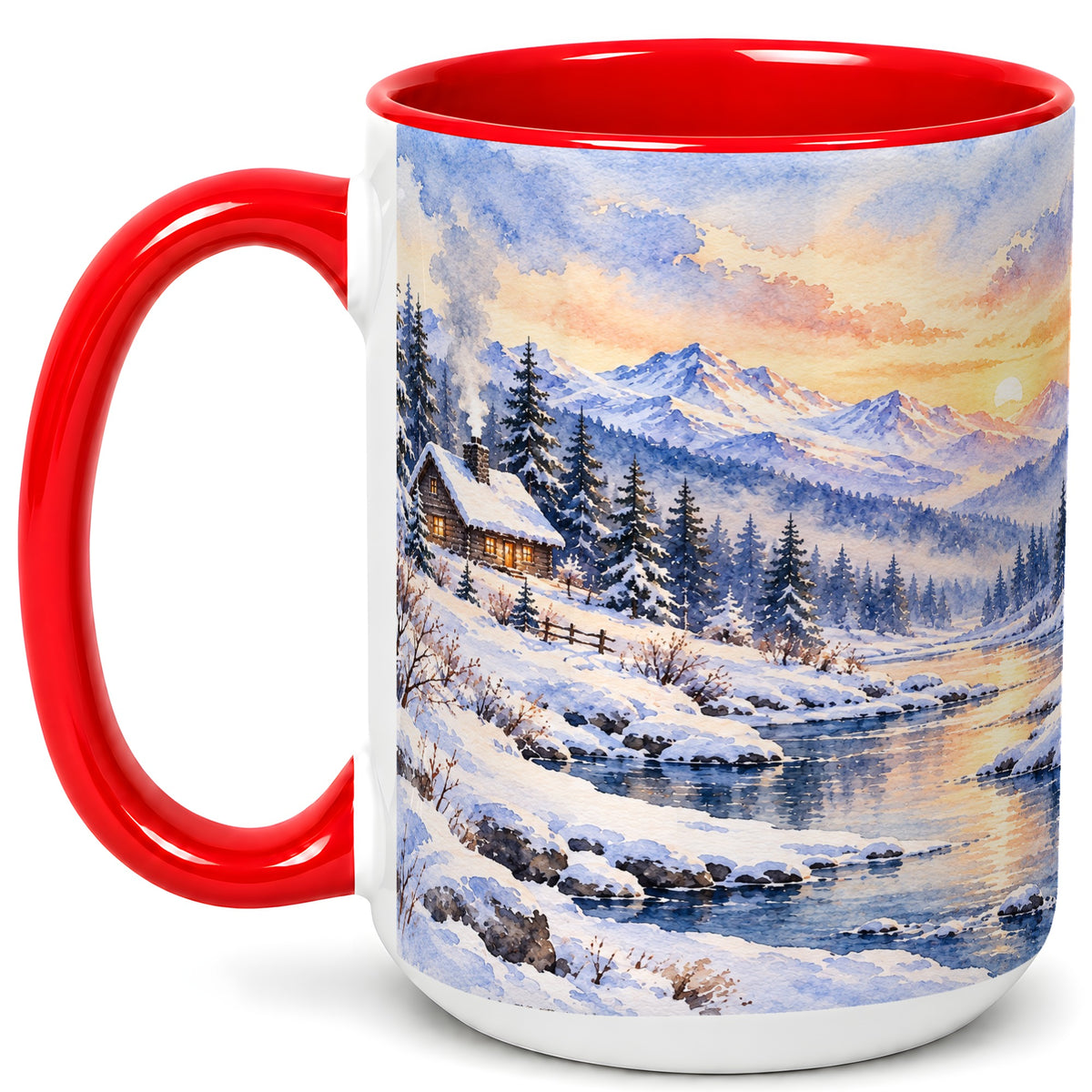 #pl[15oz|Red] Watercolor Winter Cabin Coffee Mug, Snowy Mountain Mug, Ceramic Cup