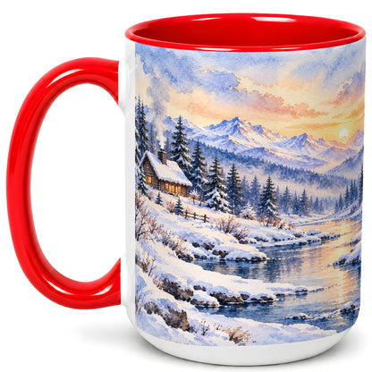 #pl[15oz|Red] Watercolor Winter Cabin Coffee Mug, Snowy Mountain Mug, Ceramic Cup