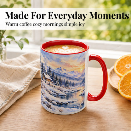 #pl[15oz|Red] Watercolor Winter Cabin Coffee Mug, Snowy Mountain Mug, Ceramic Cup