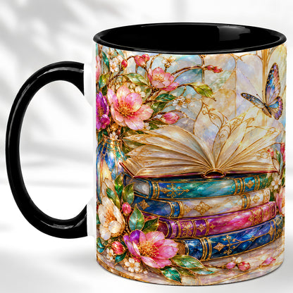 #pl[11oz|Black] Floral Books Coffee Mug, Butterfly Library Mug, Ceramic Cup