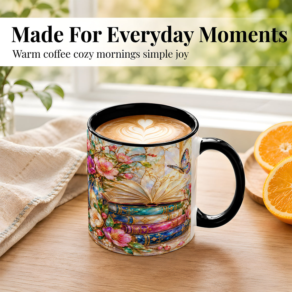 #pl[11oz|Black] Floral Books Coffee Mug, Butterfly Library Mug, Ceramic Cup