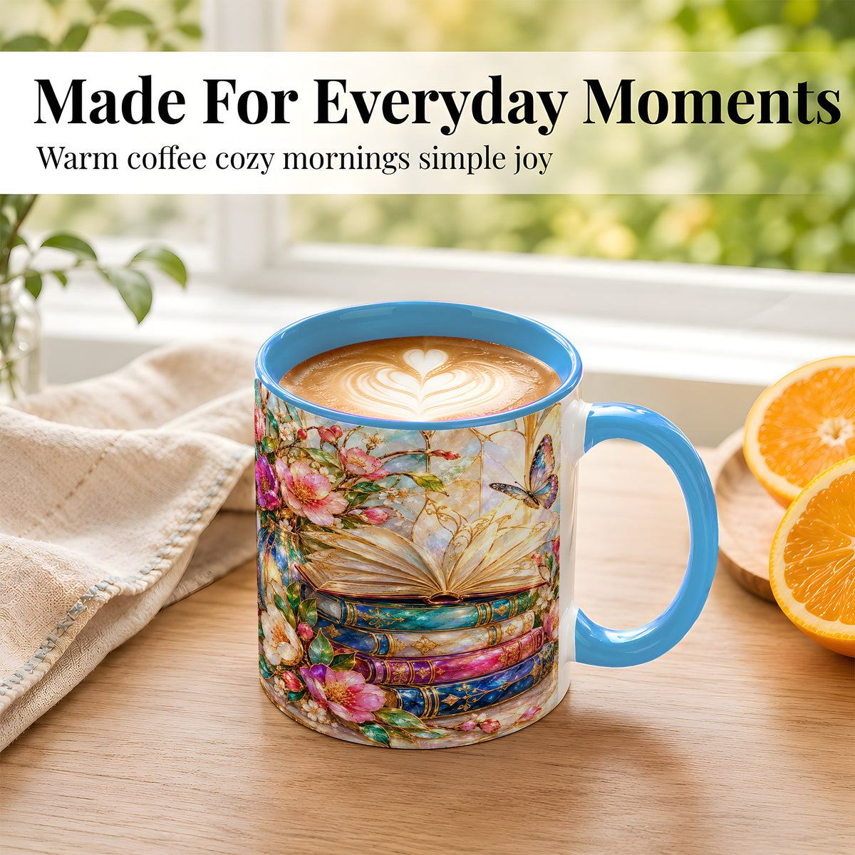 #pl[11oz|Blue] Floral Books Coffee Mug, Butterfly Library Mug, Ceramic Cup
