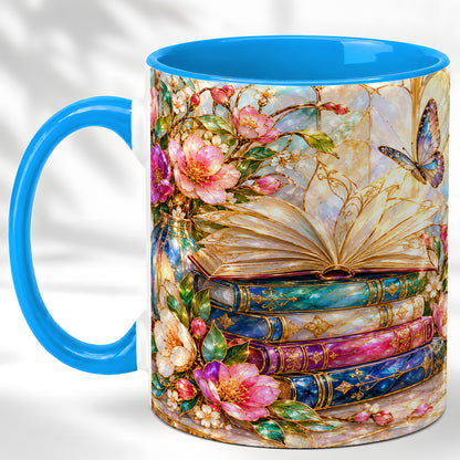 #pl[11oz|Blue] Floral Books Coffee Mug, Butterfly Library Mug, Ceramic Cup