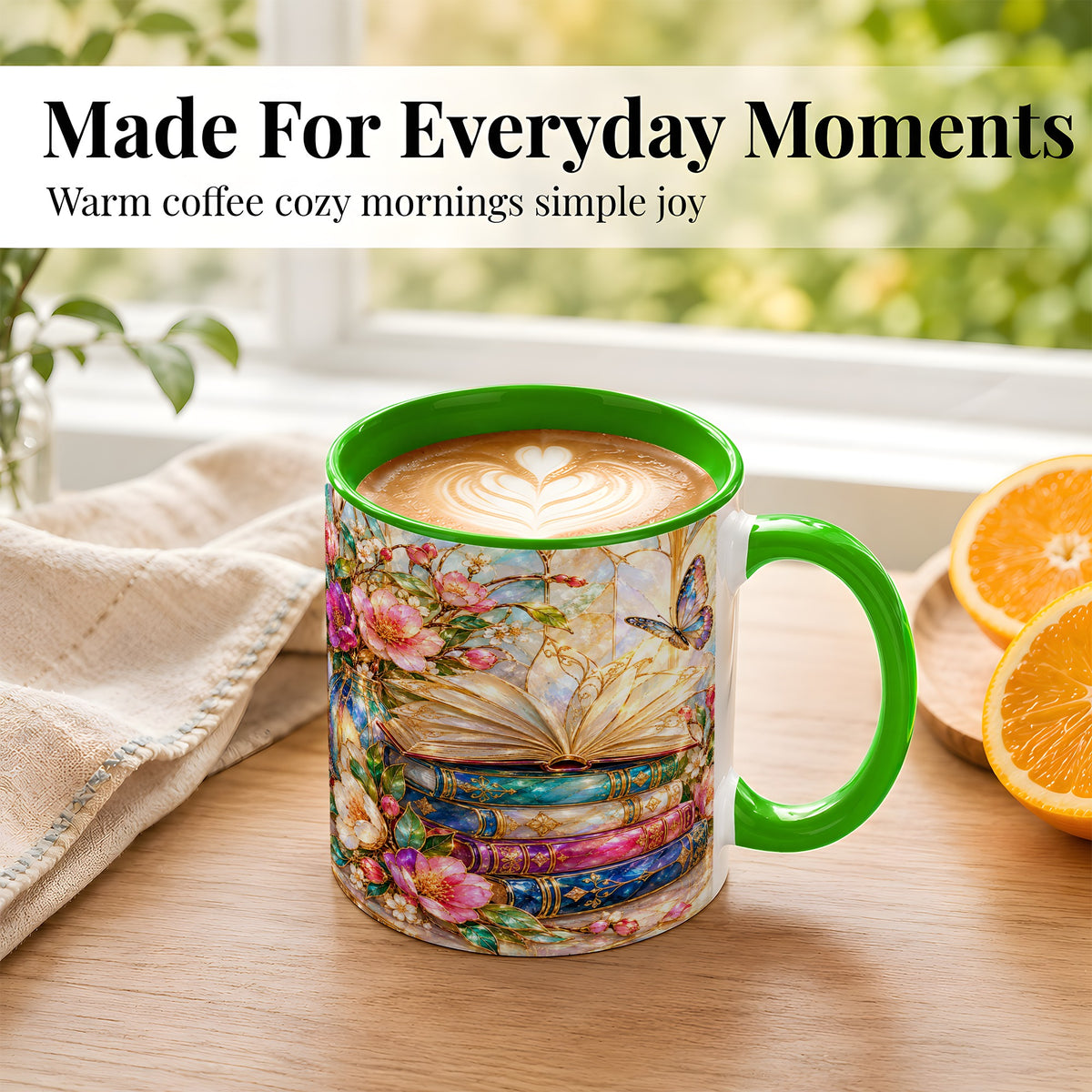 #pl[11oz|Green] Floral Books Coffee Mug, Butterfly Library Mug, Ceramic Cup