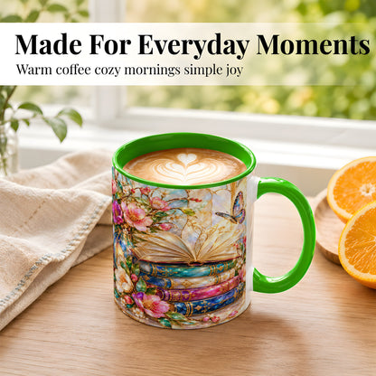 #pl[11oz|Green] Floral Books Coffee Mug, Butterfly Library Mug, Ceramic Cup