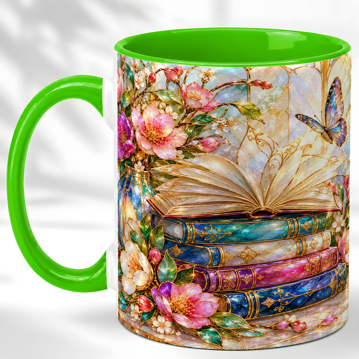 #pl[11oz|Green] Floral Books Coffee Mug, Butterfly Library Mug, Ceramic Cup