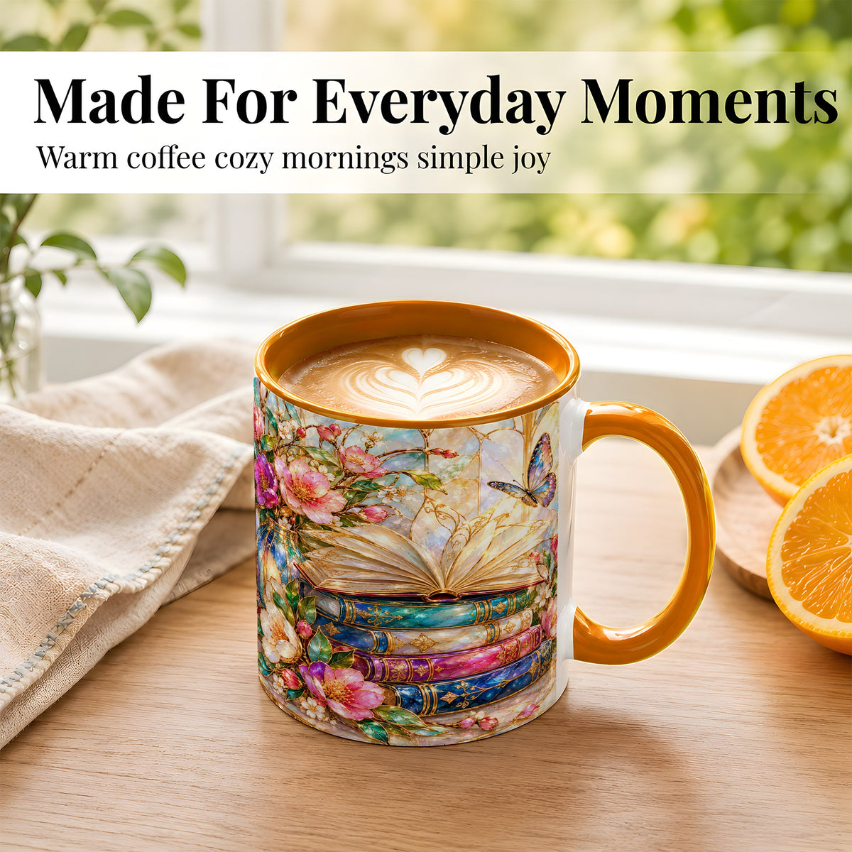 #pl[11oz|Orange] Floral Books Coffee Mug, Butterfly Library Mug, Ceramic Cup