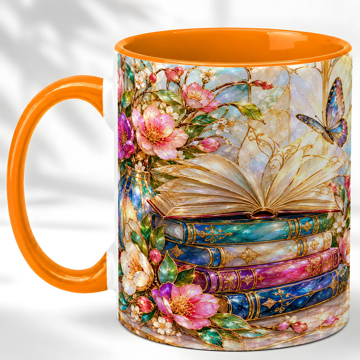 #pl[11oz|Orange] Floral Books Coffee Mug, Butterfly Library Mug, Ceramic Cup