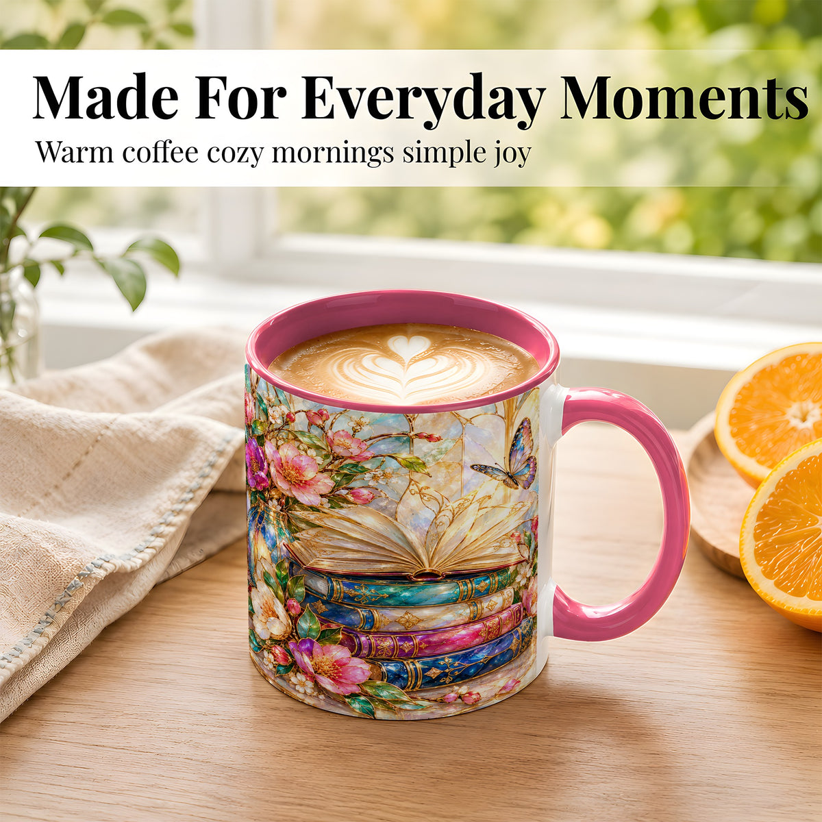 #pl[11oz|Pink] Floral Books Coffee Mug, Butterfly Library Mug, Ceramic Cup
