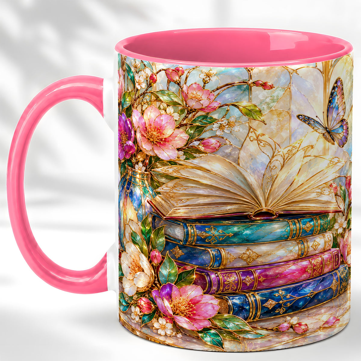 #pl[11oz|Pink] Floral Books Coffee Mug, Butterfly Library Mug, Ceramic Cup