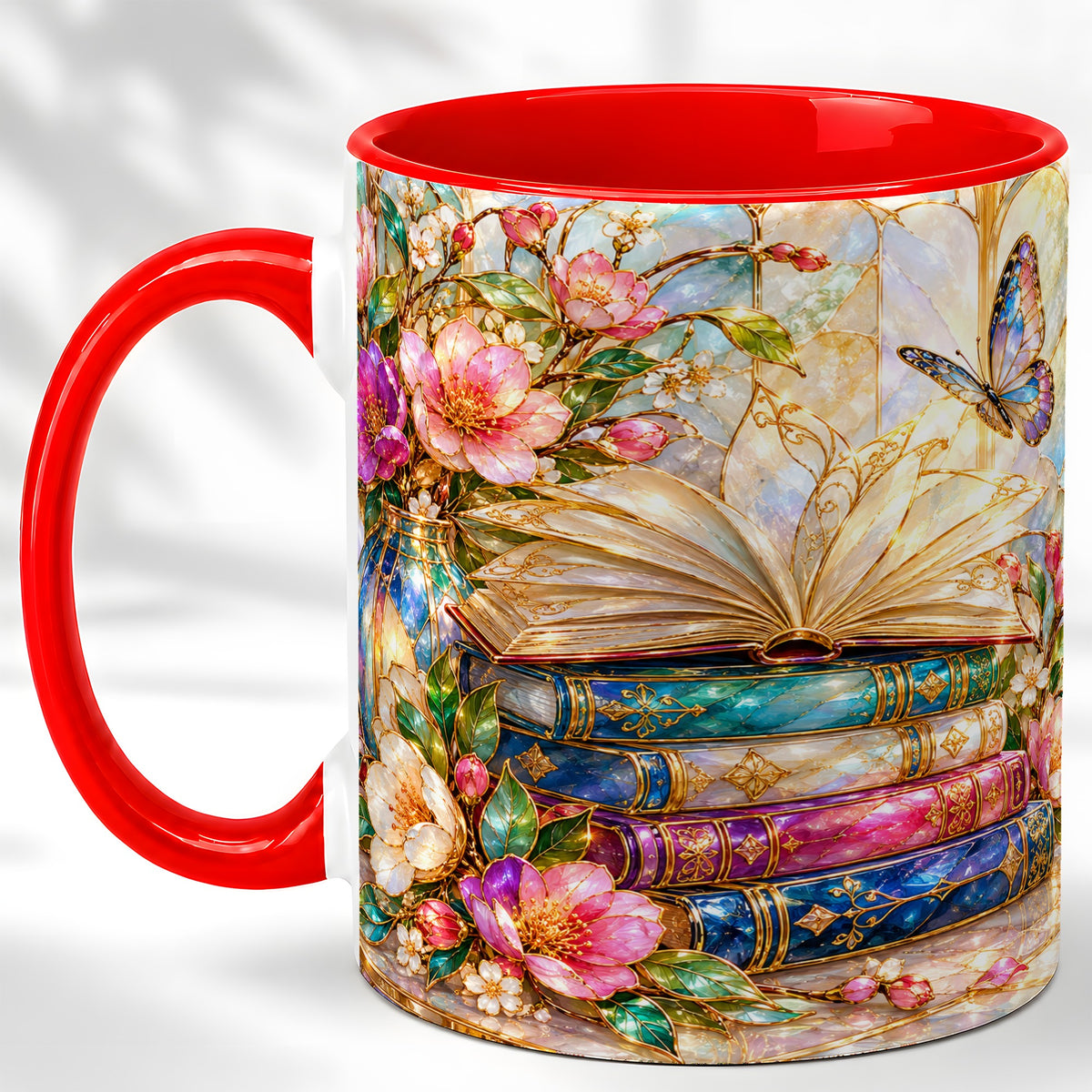 Floral Books Coffee Mug, Butterfly Library Mug, Ceramic Cup