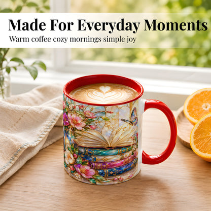 #pl[11oz|Red] Floral Books Coffee Mug, Butterfly Library Mug, Ceramic Cup