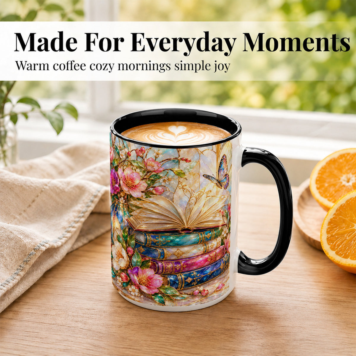 #pl[15oz|Black] Floral Books Coffee Mug, Butterfly Library Mug, Ceramic Cup