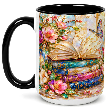 #pl[15oz|Black] Floral Books Coffee Mug, Butterfly Library Mug, Ceramic Cup