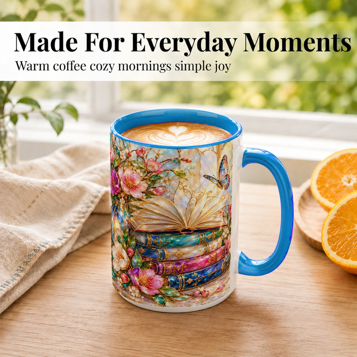#pl[15oz|Blue] Floral Books Coffee Mug, Butterfly Library Mug, Ceramic Cup