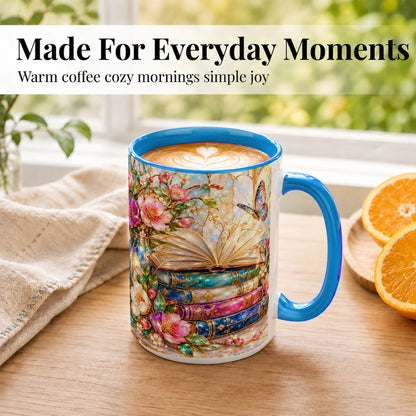 #pl[15oz|Blue] Floral Books Coffee Mug, Butterfly Library Mug, Ceramic Cup