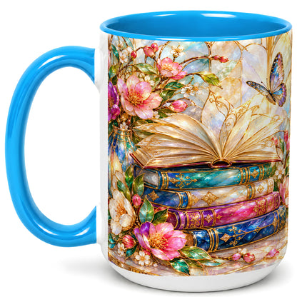 #pl[15oz|Blue] Floral Books Coffee Mug, Butterfly Library Mug, Ceramic Cup