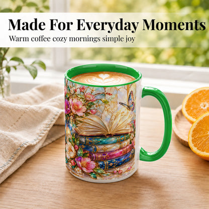 #pl[15oz|Green] Floral Books Coffee Mug, Butterfly Library Mug, Ceramic Cup