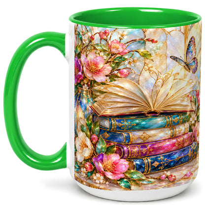 #pl[15oz|Green] Floral Books Coffee Mug, Butterfly Library Mug, Ceramic Cup