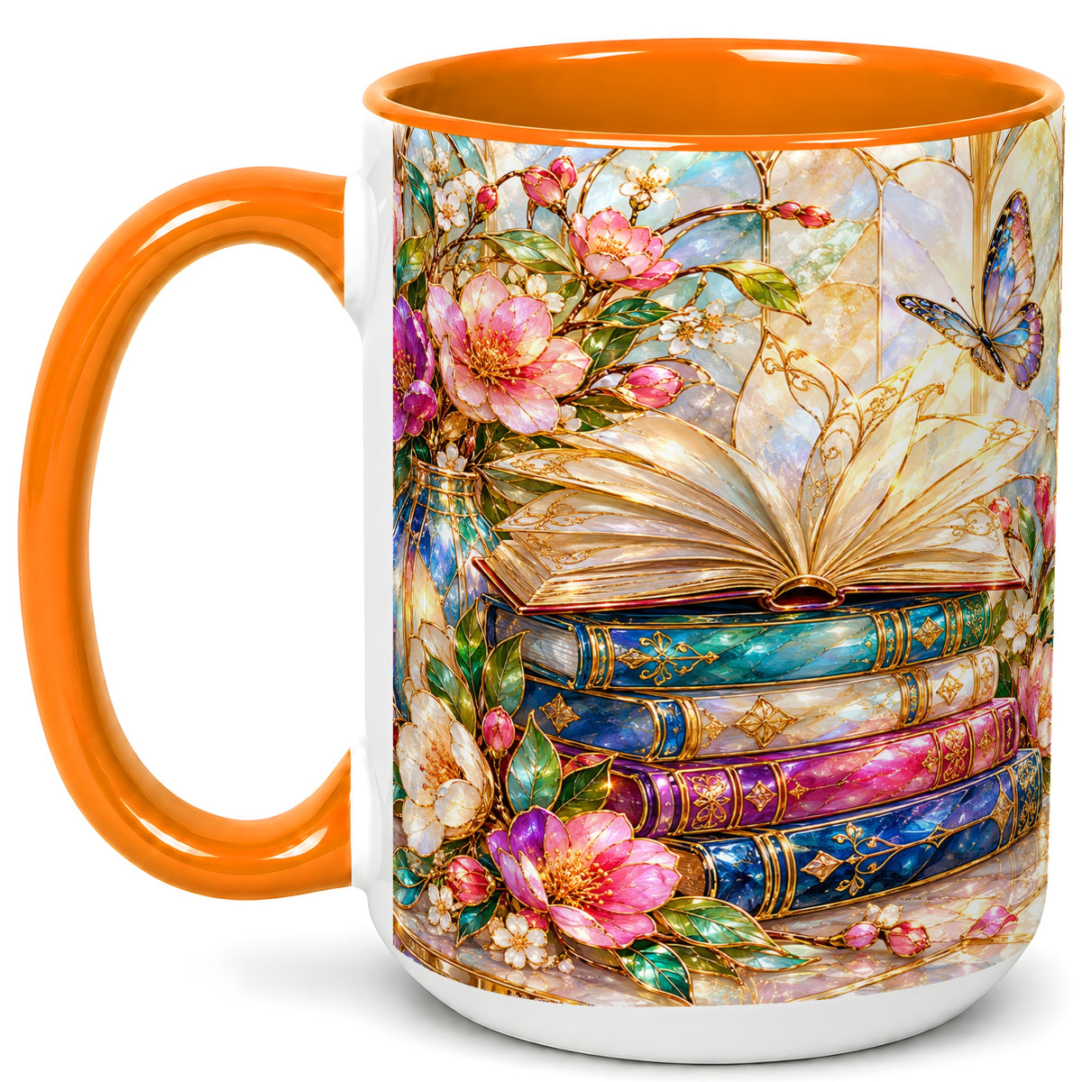 #pl[15oz|Orange] Floral Books Coffee Mug, Butterfly Library Mug, Ceramic Cup