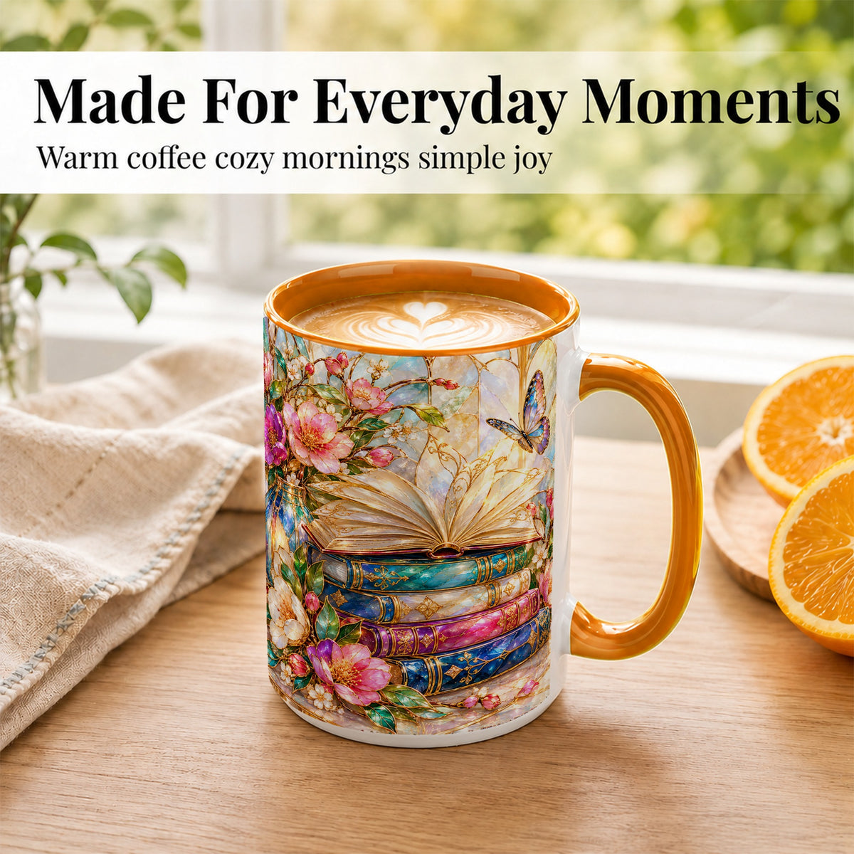 #pl[15oz|Orange] Floral Books Coffee Mug, Butterfly Library Mug, Ceramic Cup