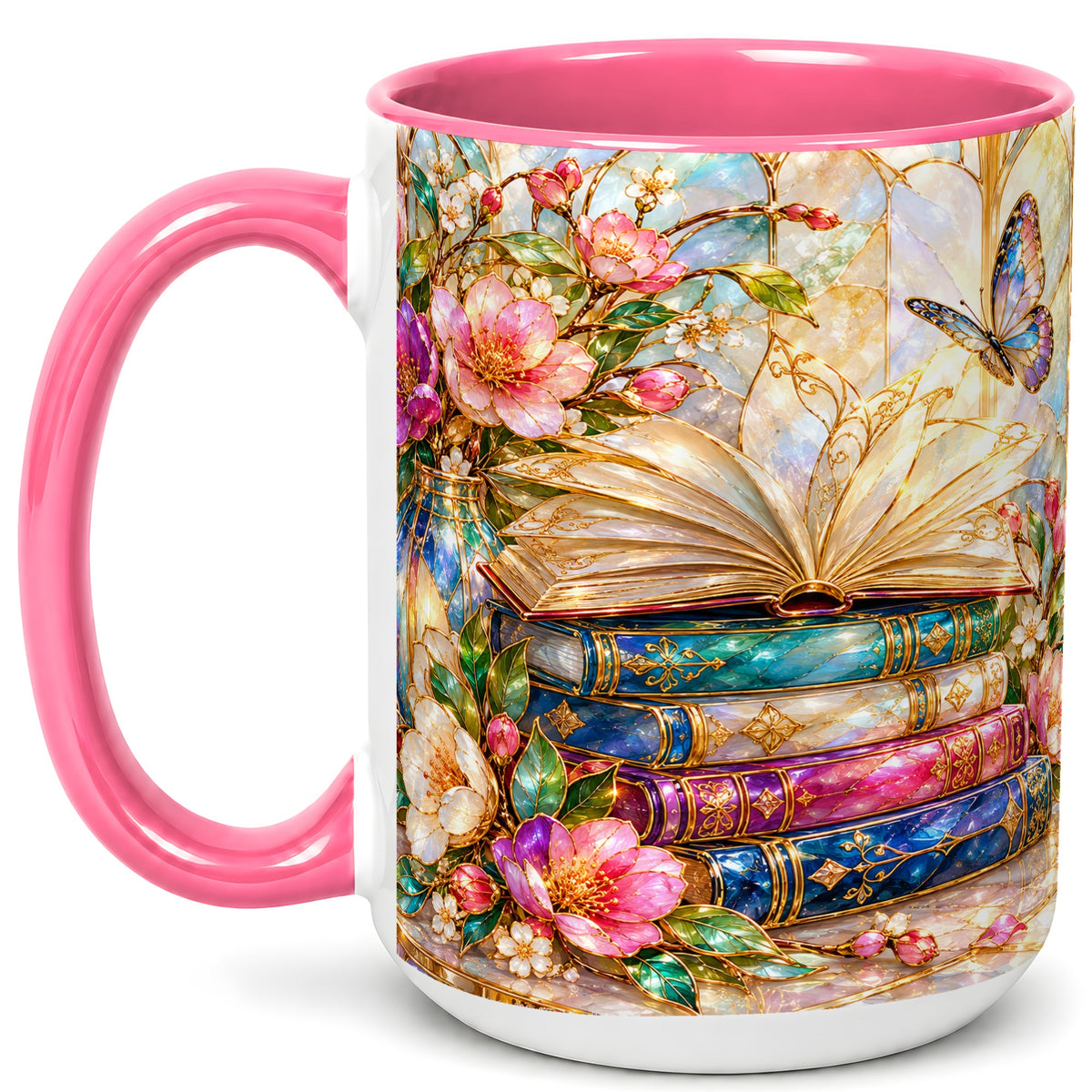 #pl[15oz|Pink] Floral Books Coffee Mug, Butterfly Library Mug, Ceramic Cup