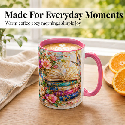 #pl[15oz|Pink] Floral Books Coffee Mug, Butterfly Library Mug, Ceramic Cup