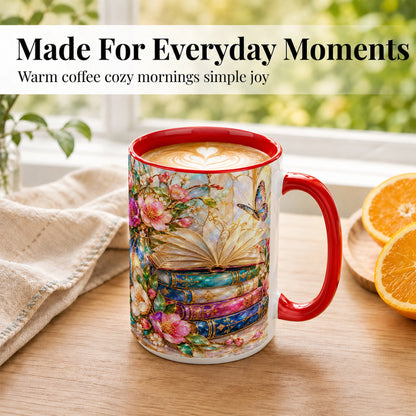 #pl[15oz|Red] Floral Books Coffee Mug, Butterfly Library Mug, Ceramic Cup