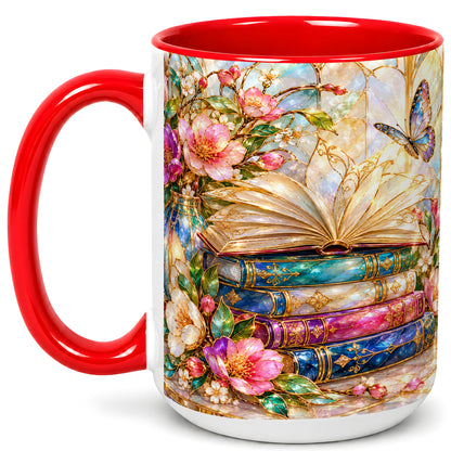 #pl[15oz|Red] Floral Books Coffee Mug, Butterfly Library Mug, Ceramic Cup