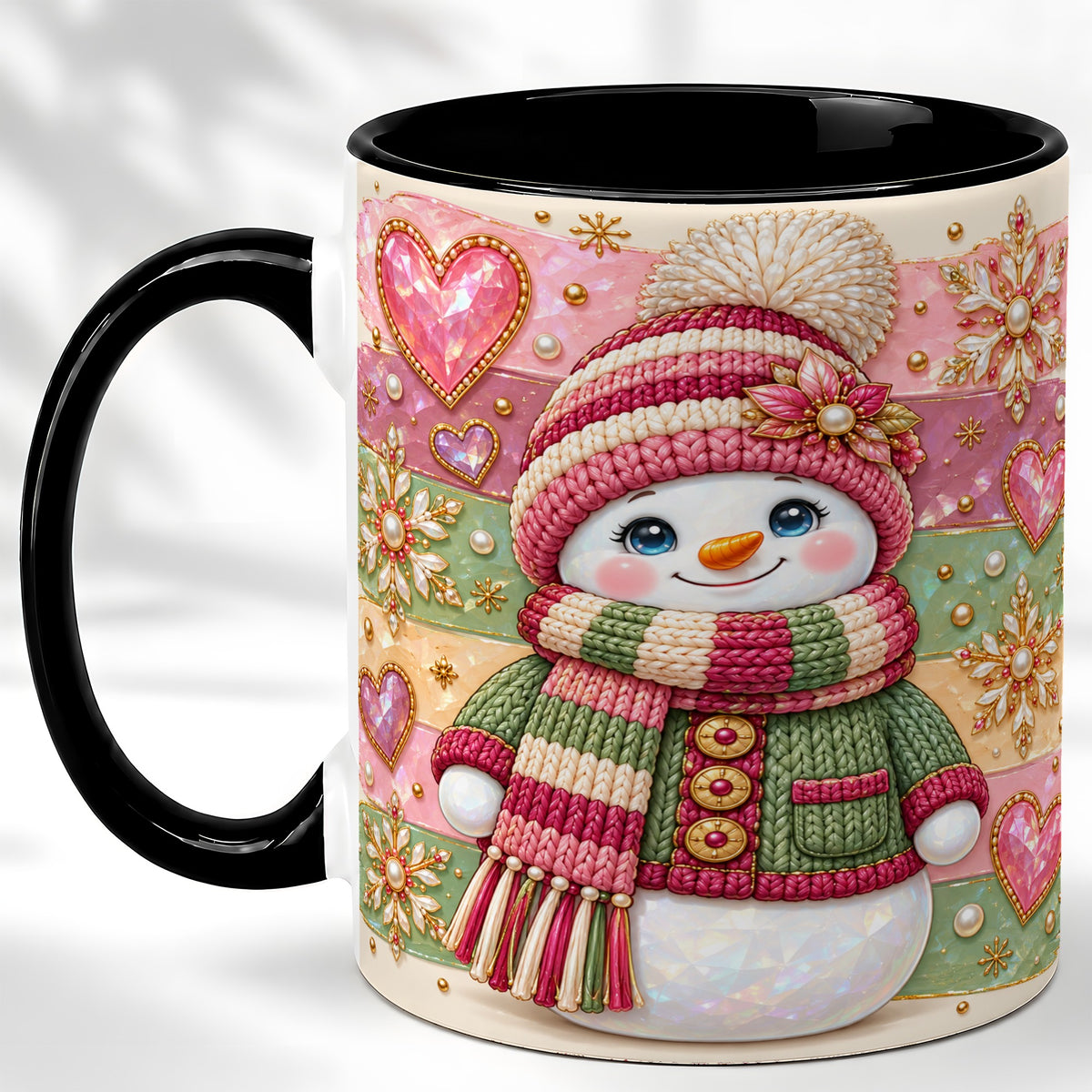 #pl[11oz|Black] Cozy Snowman Coffee Mug, Heart Snowflake Mug, Ceramic Cup