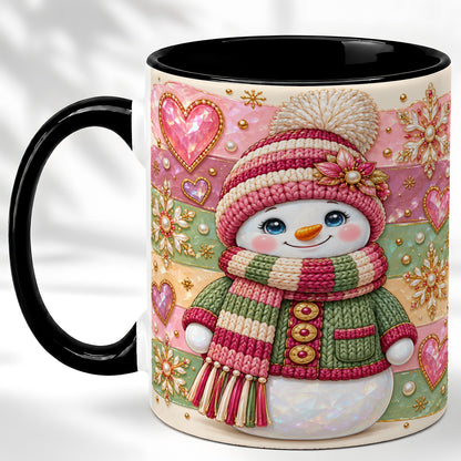 #pl[11oz|Black] Cozy Snowman Coffee Mug, Heart Snowflake Mug, Ceramic Cup
