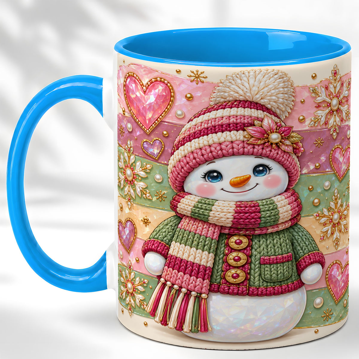 #pl[11oz|Blue] Cozy Snowman Coffee Mug, Heart Snowflake Mug, Ceramic Cup