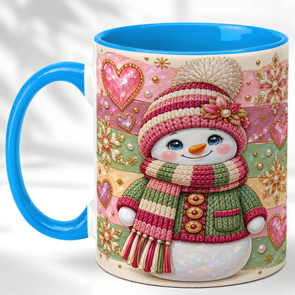 #pl[11oz|Blue] Cozy Snowman Coffee Mug, Heart Snowflake Mug, Ceramic Cup