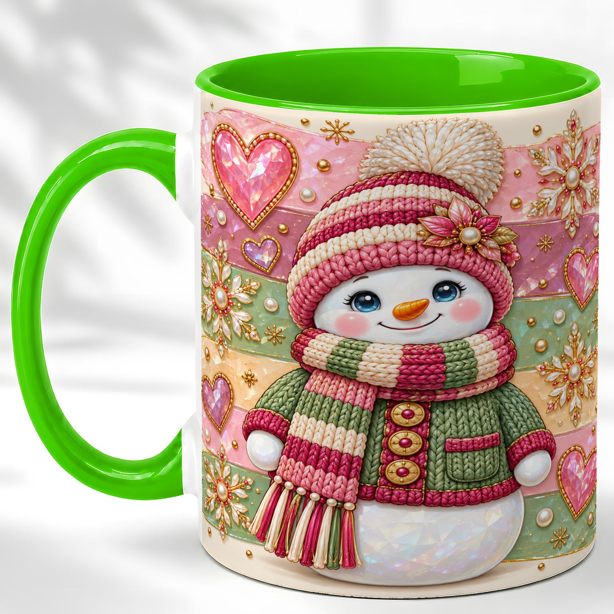 #pl[11oz|Green] Cozy Snowman Coffee Mug, Heart Snowflake Mug, Ceramic Cup