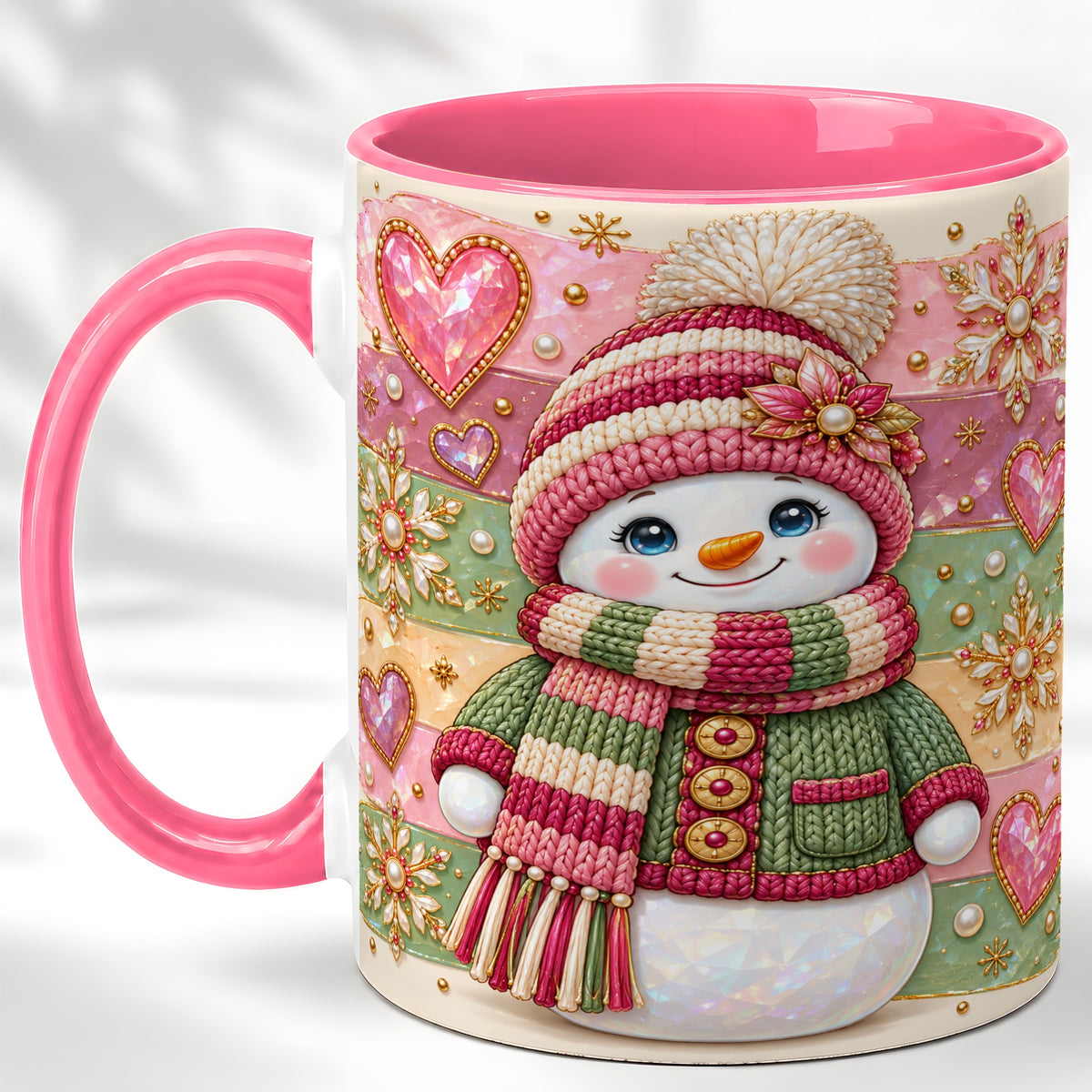 #pl[11oz|Pink] Cozy Snowman Coffee Mug, Heart Snowflake Mug, Ceramic Cup