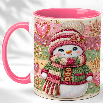 #pl[11oz|Pink] Cozy Snowman Coffee Mug, Heart Snowflake Mug, Ceramic Cup