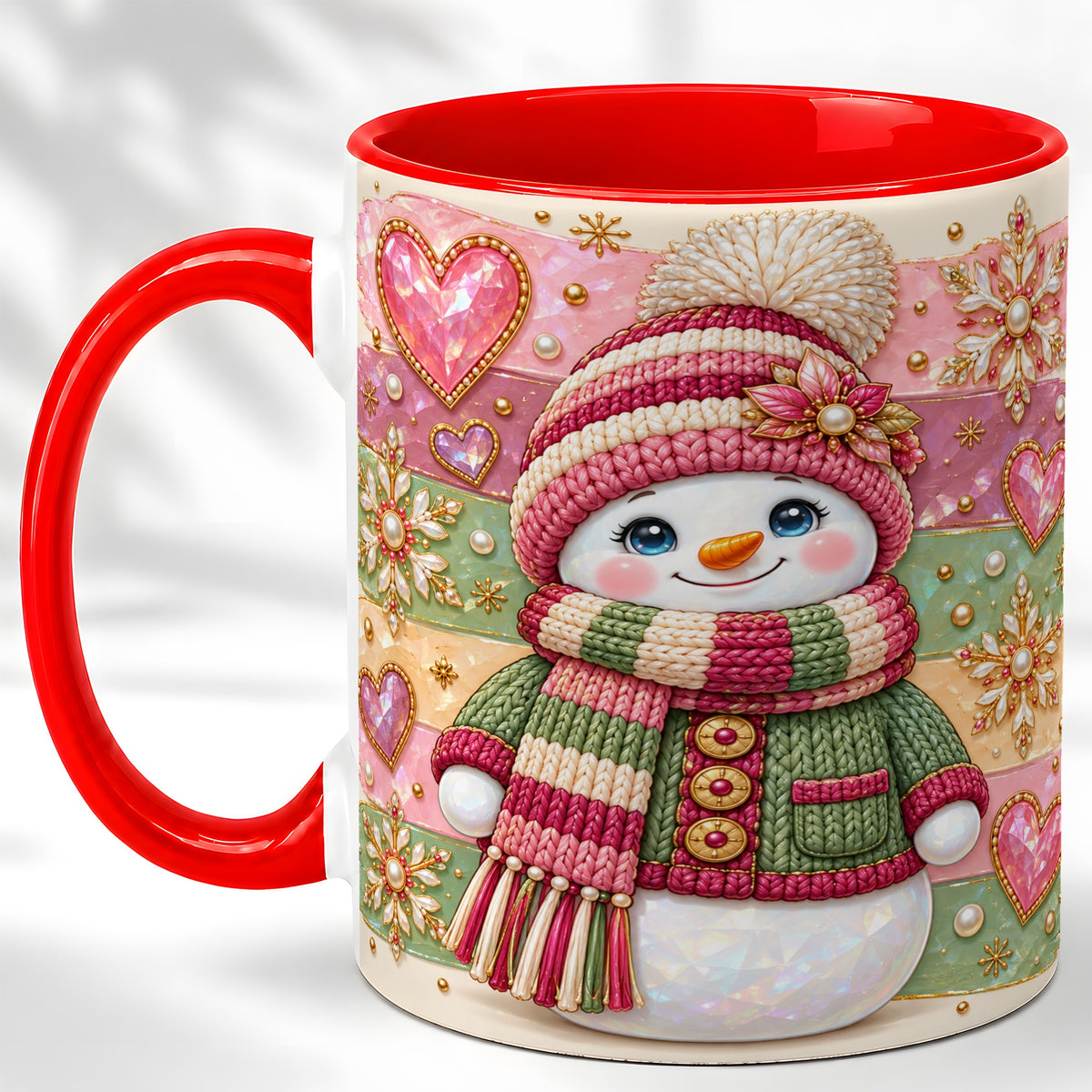 Cozy Snowman Coffee Mug, Heart Snowflake Mug, Ceramic Cup