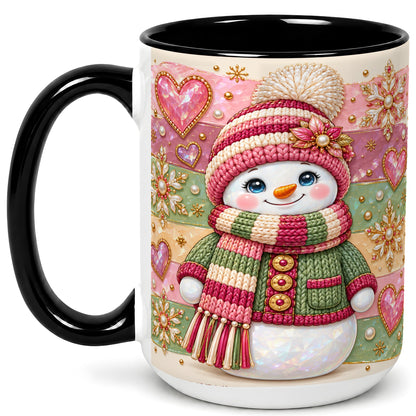 #pl[15oz|Black] Cozy Snowman Coffee Mug, Heart Snowflake Mug, Ceramic Cup