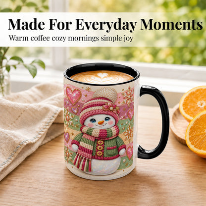 #pl[15oz|Black] Cozy Snowman Coffee Mug, Heart Snowflake Mug, Ceramic Cup