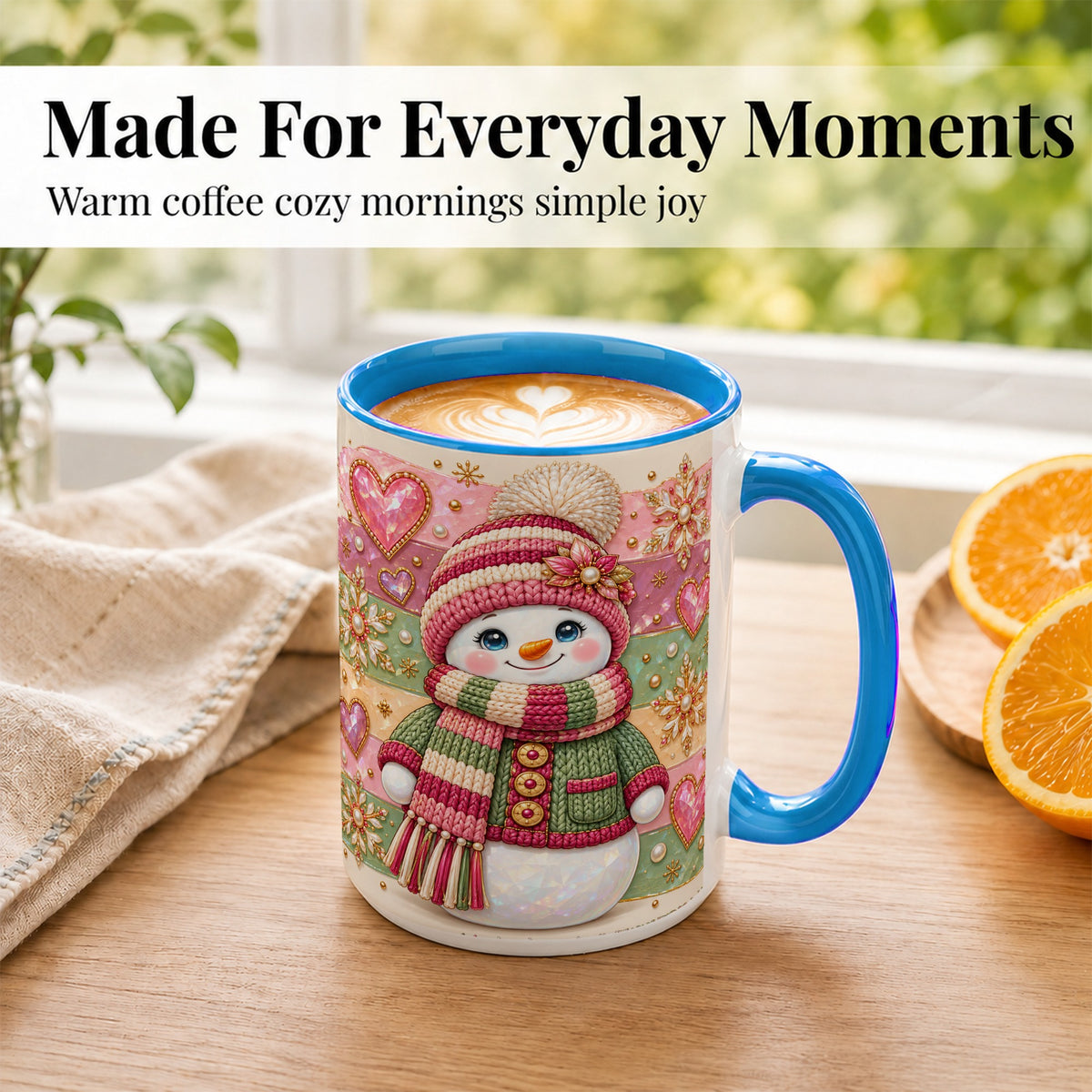 #pl[15oz|Blue] Cozy Snowman Coffee Mug, Heart Snowflake Mug, Ceramic Cup