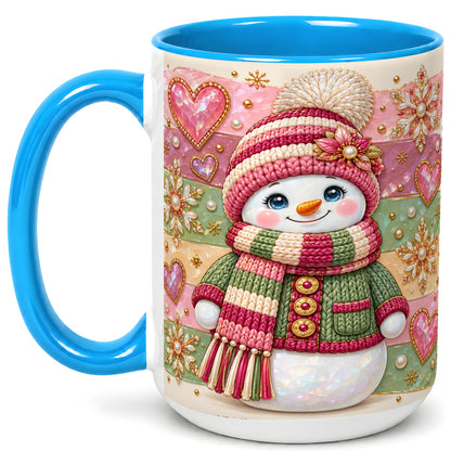 #pl[15oz|Blue] Cozy Snowman Coffee Mug, Heart Snowflake Mug, Ceramic Cup