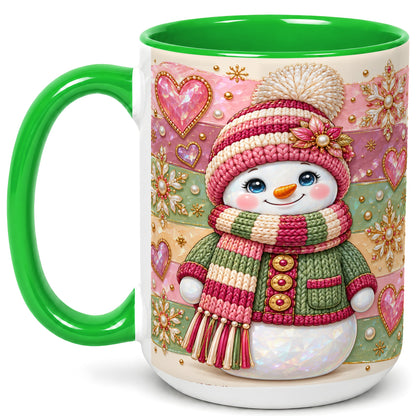 #pl[15oz|Green] Cozy Snowman Coffee Mug, Heart Snowflake Mug, Ceramic Cup