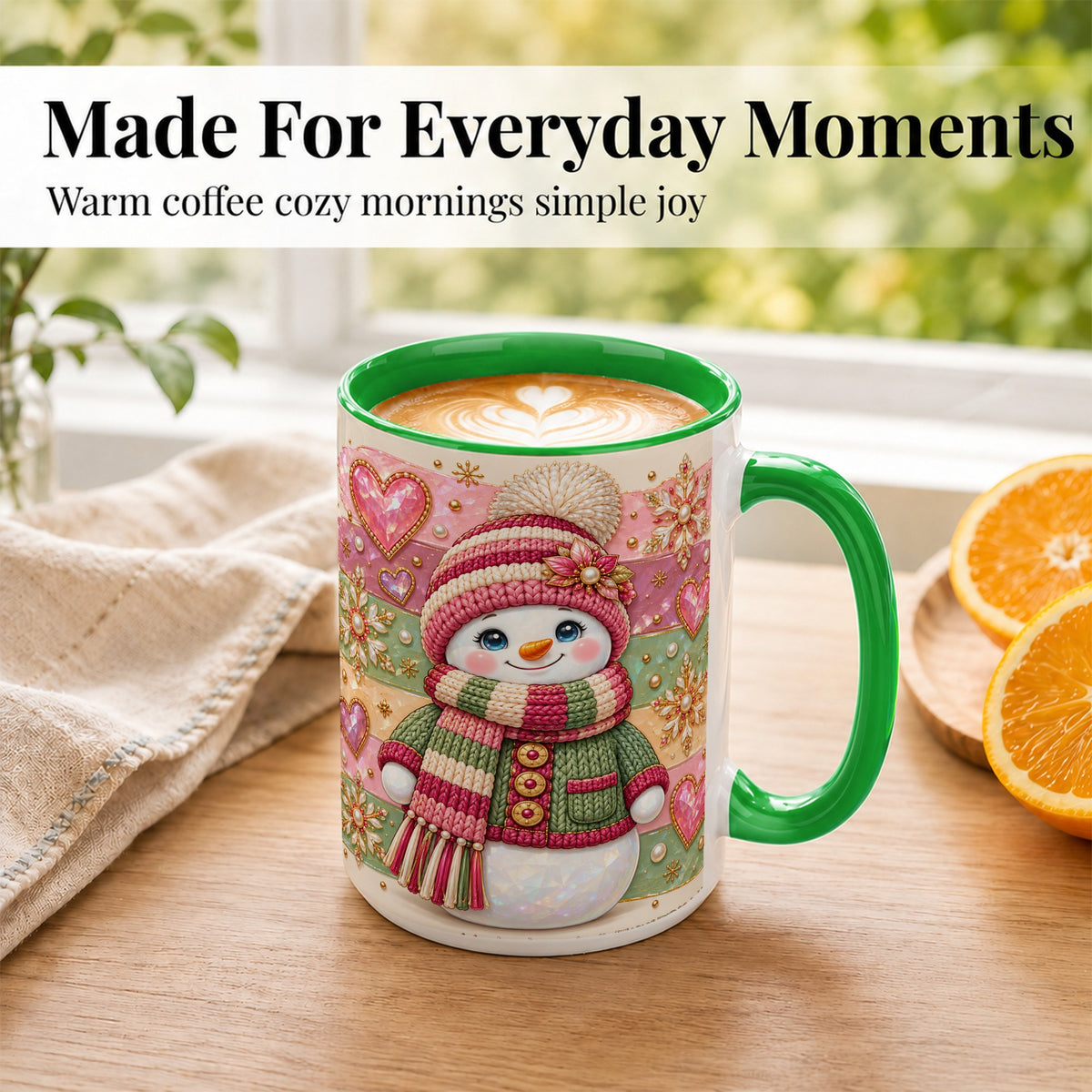 #pl[15oz|Green] Cozy Snowman Coffee Mug, Heart Snowflake Mug, Ceramic Cup