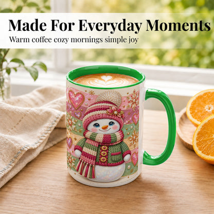 #pl[15oz|Green] Cozy Snowman Coffee Mug, Heart Snowflake Mug, Ceramic Cup