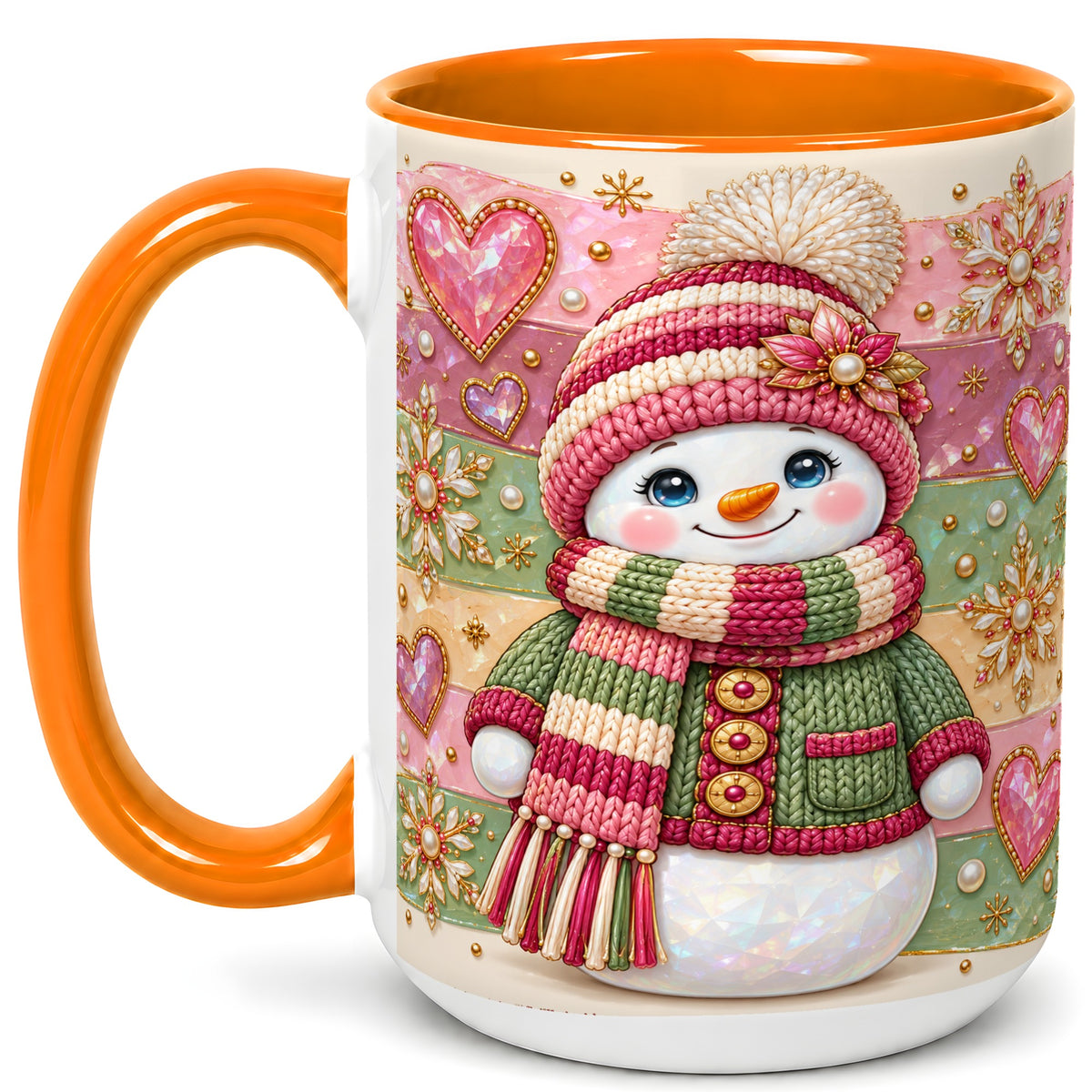 #pl[15oz|Orange] Cozy Snowman Coffee Mug, Heart Snowflake Mug, Ceramic Cup
