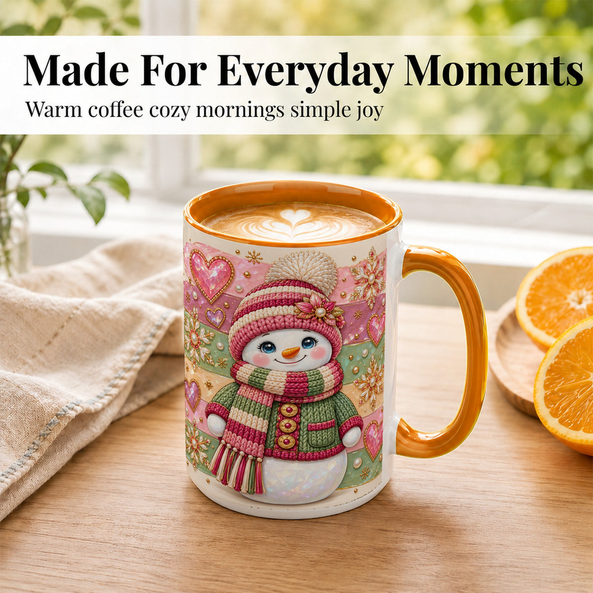 #pl[15oz|Orange] Cozy Snowman Coffee Mug, Heart Snowflake Mug, Ceramic Cup