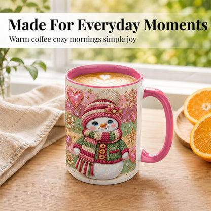 #pl[15oz|Pink] Cozy Snowman Coffee Mug, Heart Snowflake Mug, Ceramic Cup