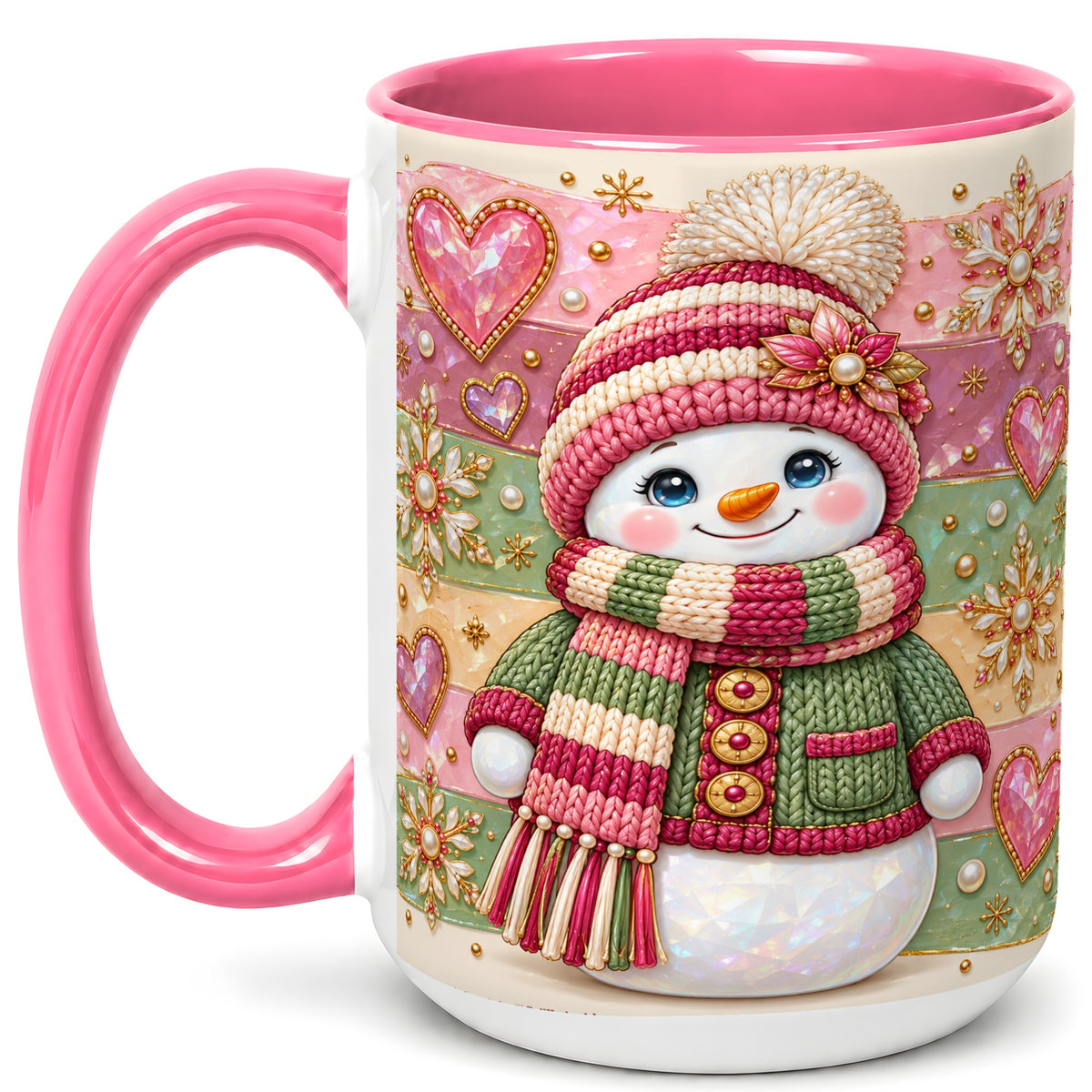 #pl[15oz|Pink] Cozy Snowman Coffee Mug, Heart Snowflake Mug, Ceramic Cup