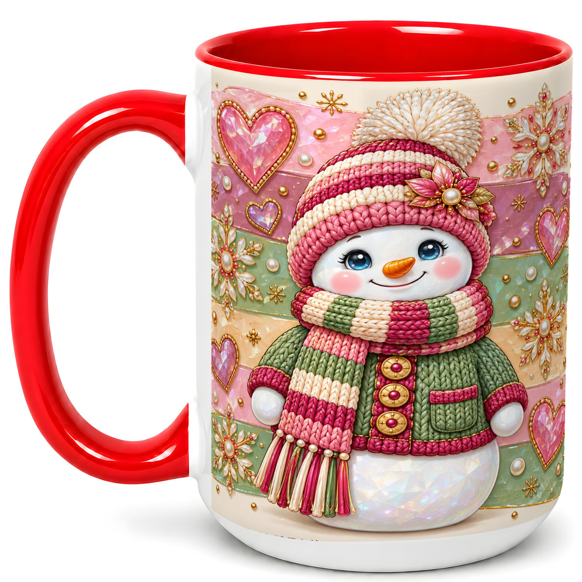 #pl[15oz|Red] Cozy Snowman Coffee Mug, Heart Snowflake Mug, Ceramic Cup