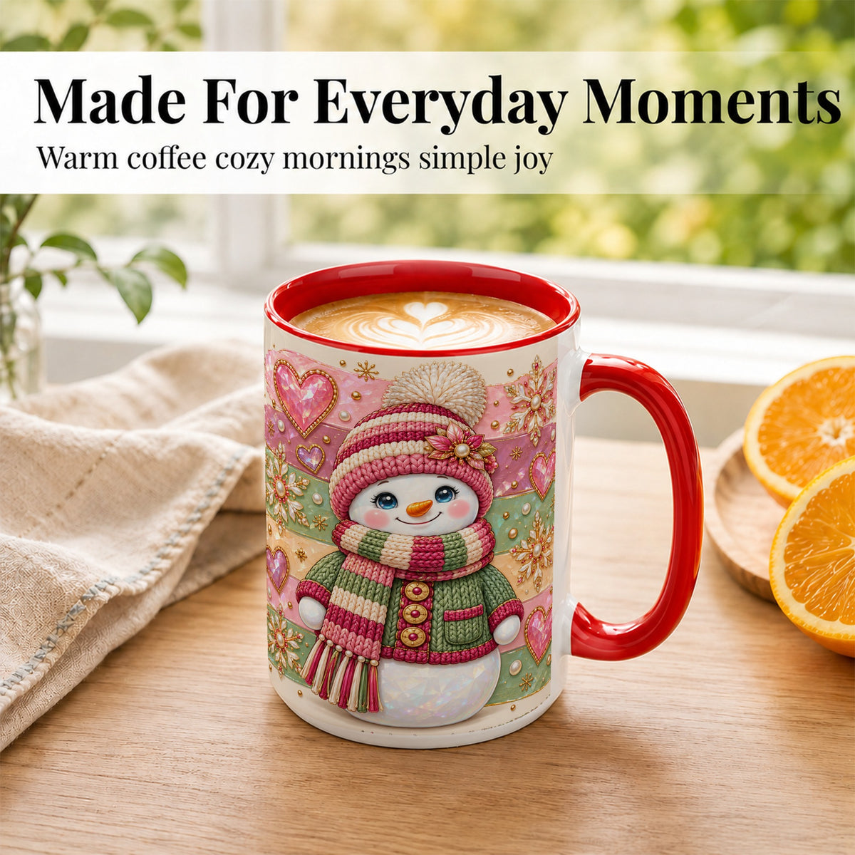 #pl[15oz|Red] Cozy Snowman Coffee Mug, Heart Snowflake Mug, Ceramic Cup